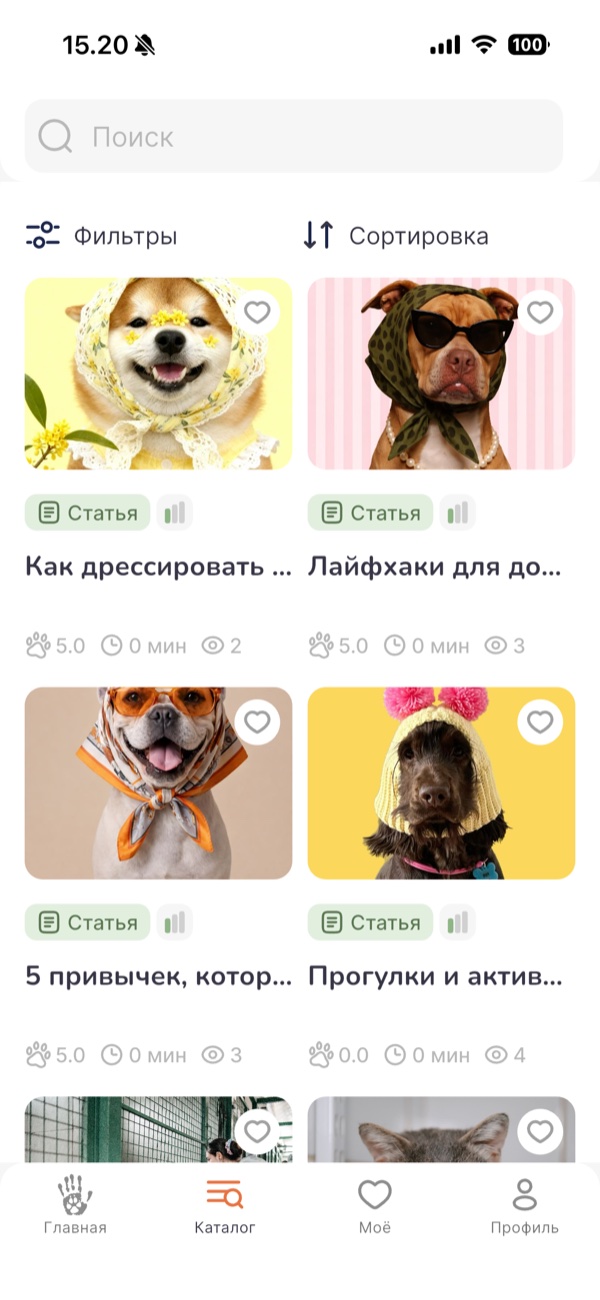Экран приложения: каталог статей, видео и курсов